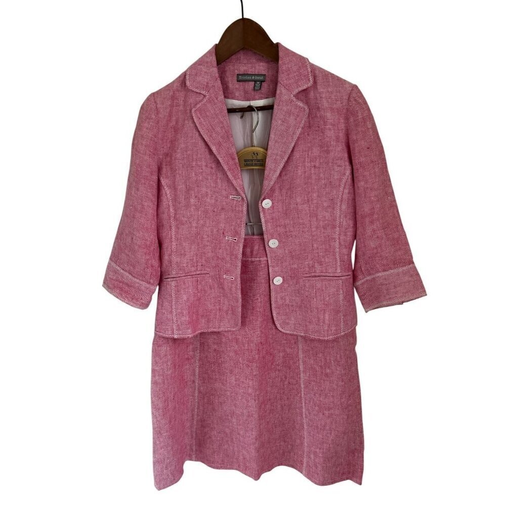 Tristan & Iseut 100% Linen Set - Blazer & A-Lin Skirt Heather Pink Size Med